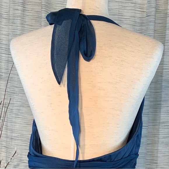 Adrianna Papell solid blue gathered halter styled evening party dress. - Picture 11 of 16